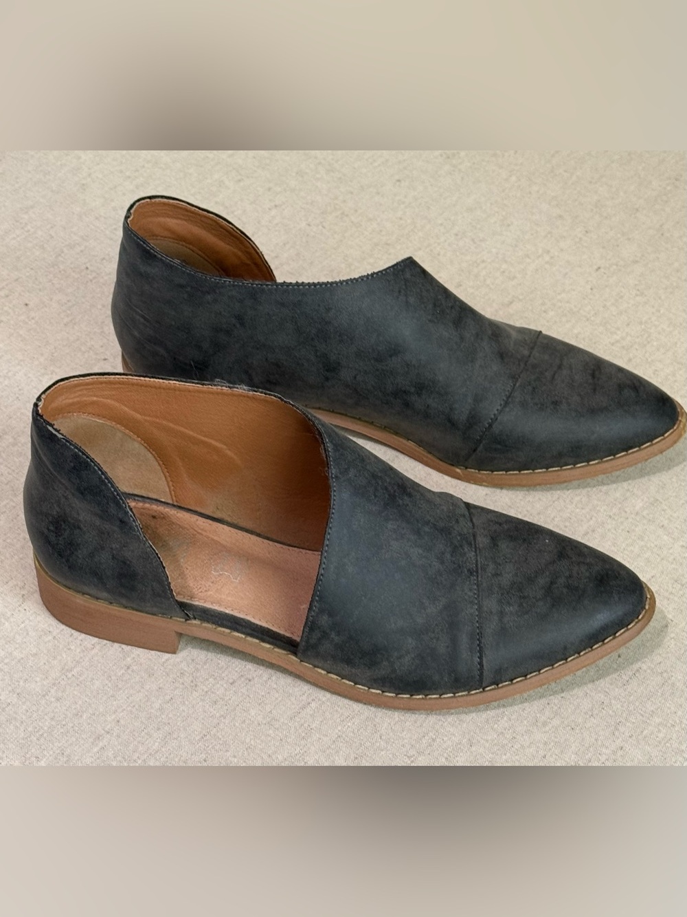 Dark Gray Distressed Leather D’Orsay Flats - Fair Condition